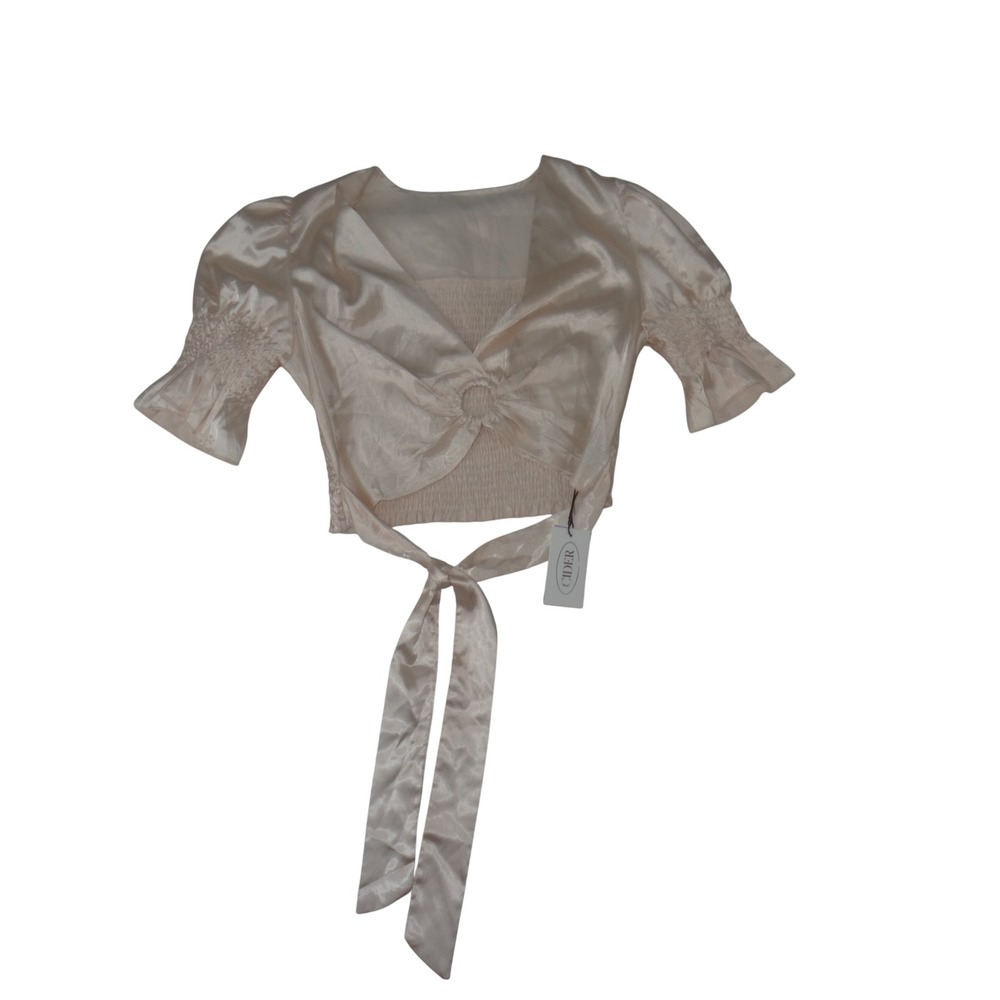 Cider Champagne Pink Satin Puff Sleeve Wrap Crop Top Smocked Back O-Ring O-Small